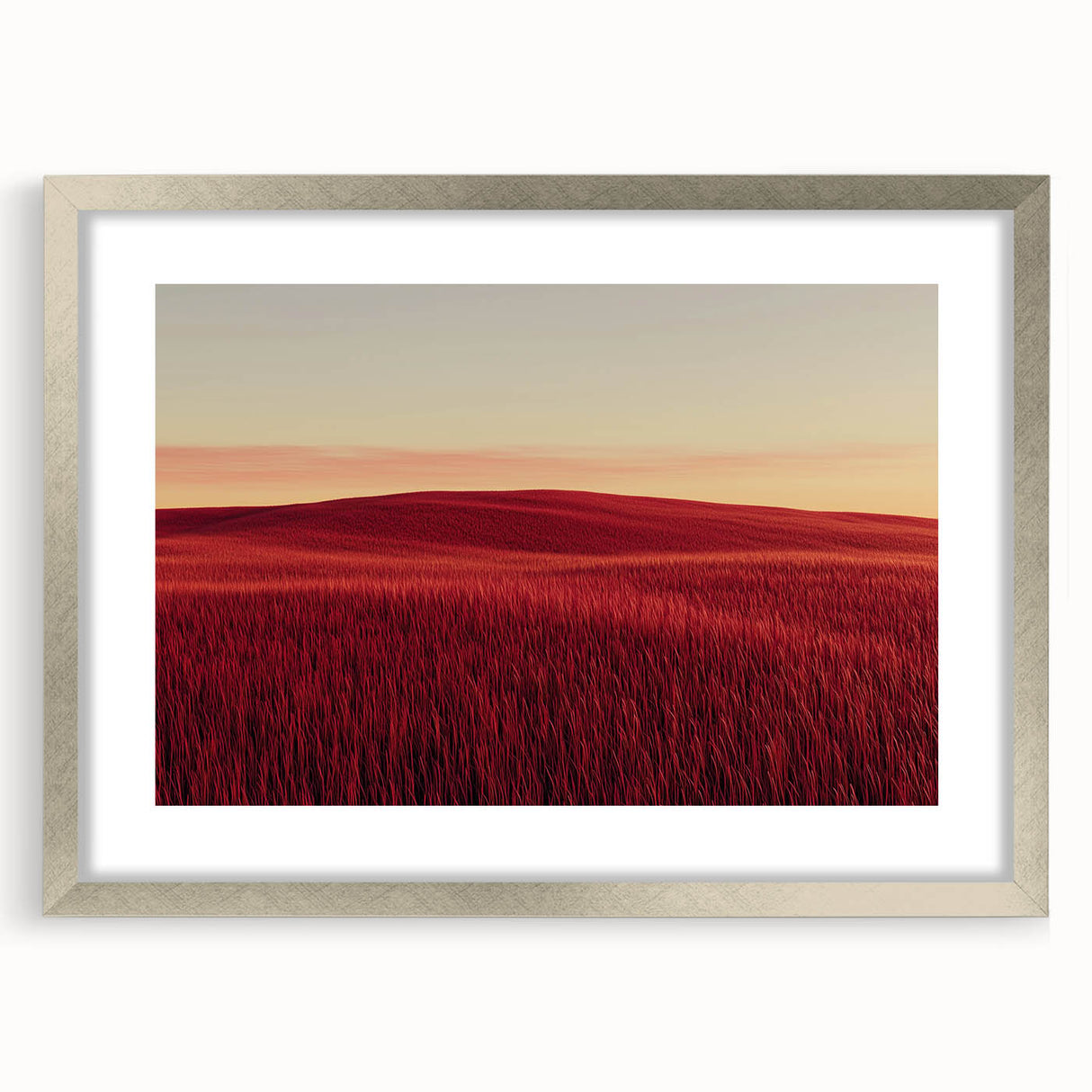 Silver-framed landscape artwork showcasing a picturesque countryside scene, elegantly matted for added depth, ideal for home decor and interior design enhancement.