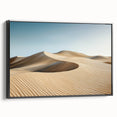 Framed canvas artwork depicting a vibrant desert landscape in warm tones, showcased from a black side view, adding elegance to modern decor. Ideal for nature-themed interiors.