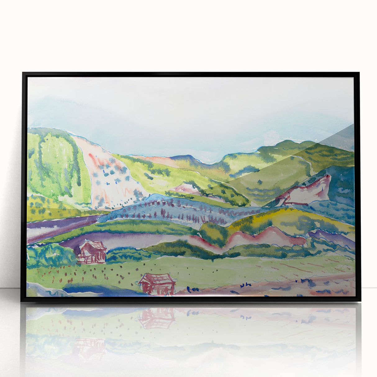 Modern Abstract Wall Art - Mountain Landscape with Red House - Contemporary Decor