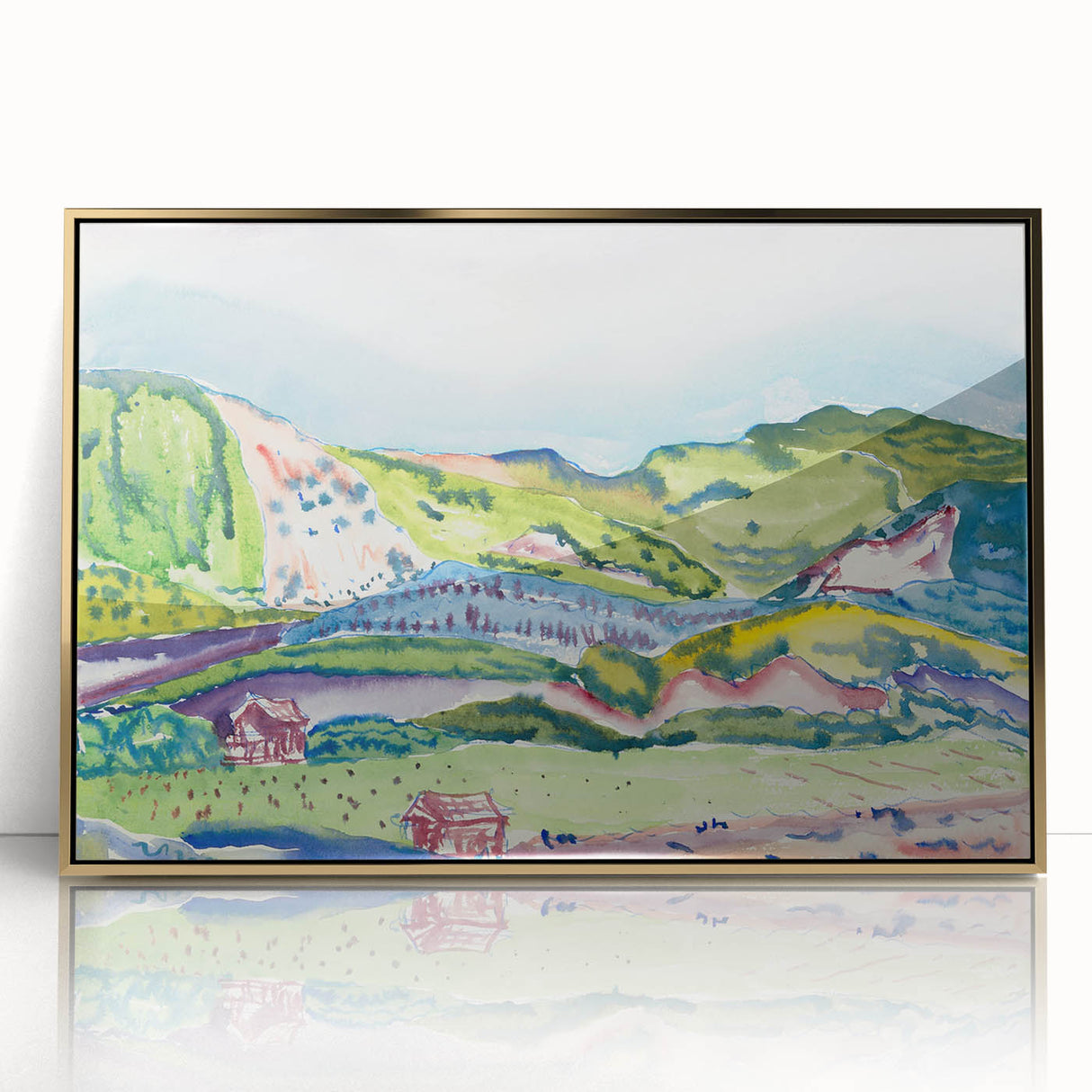 Modern Abstract Wall Art - Mountain Landscape with Red House - Contemporary Decor