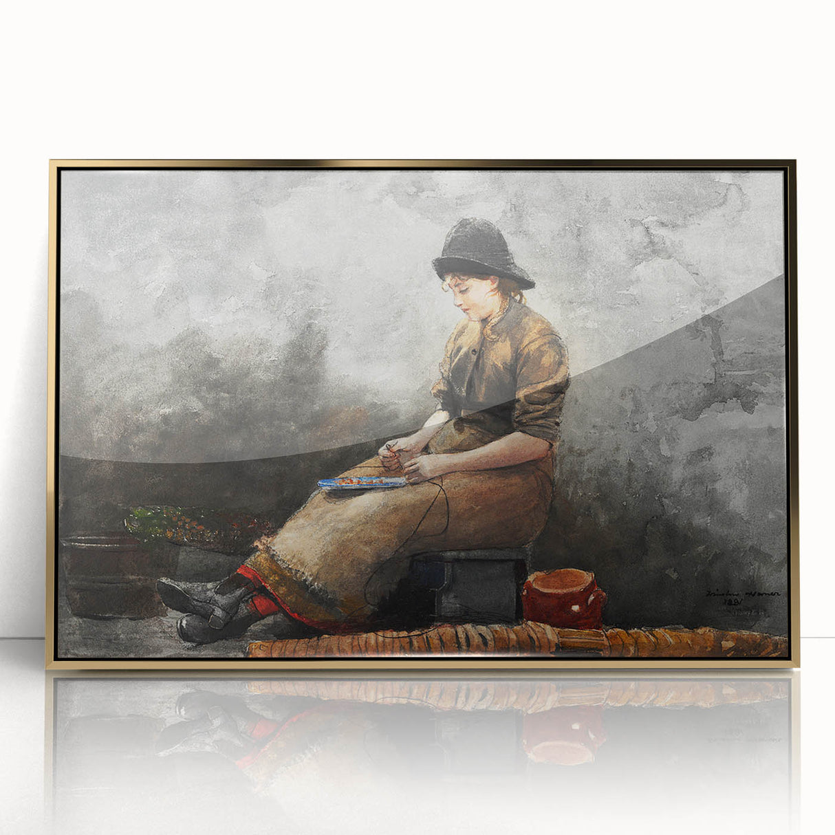 A Fishergirl Baiting Lines Realism Art Print - Winslow Homer Coastal Scene
