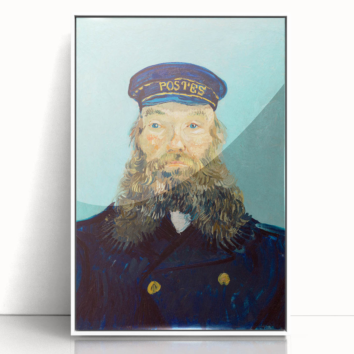 Mid-century modernist art deco poster featuring a stylized Van Gogh portrait in acrylic on a white framed canvas.