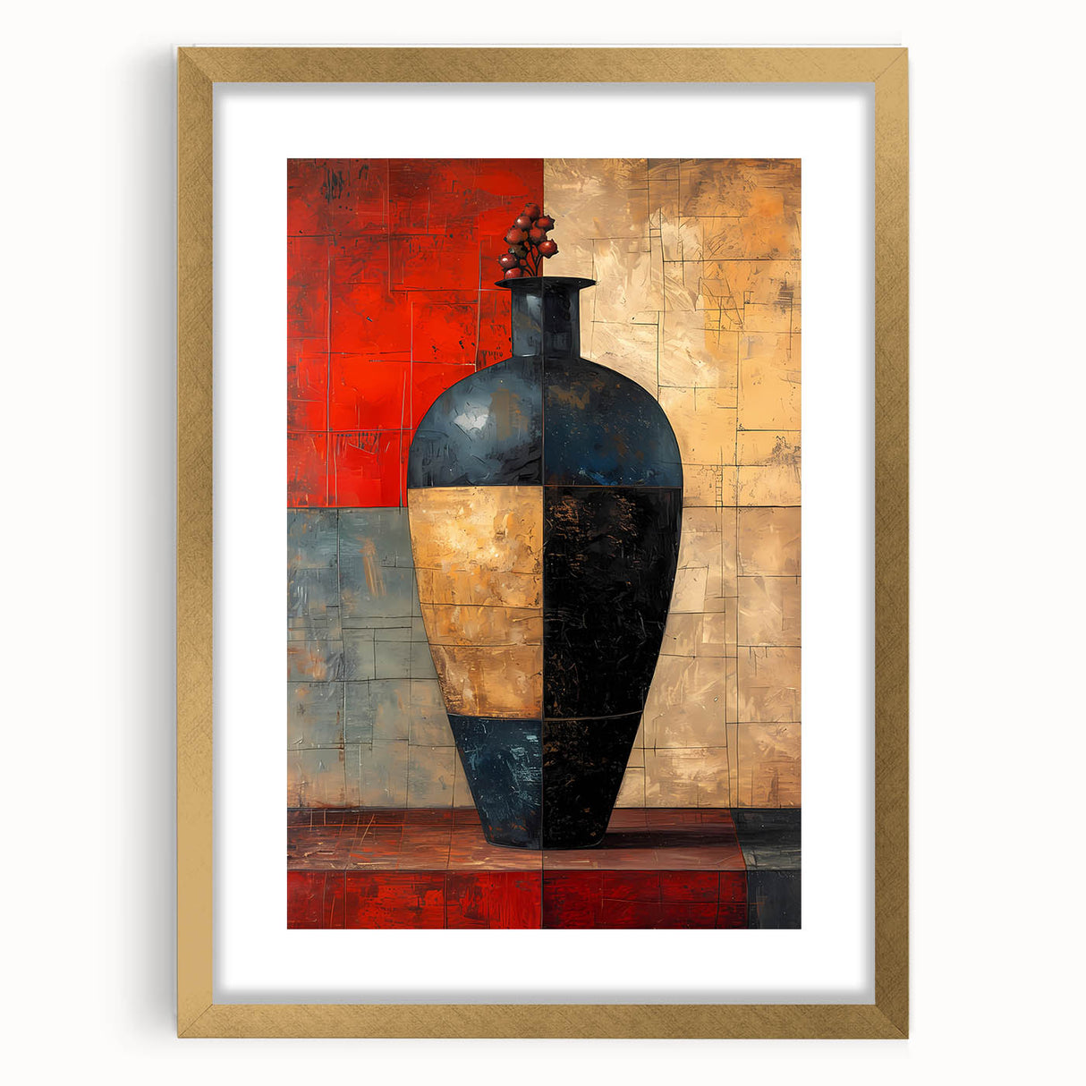 Abstract wall art featuring vibrant strokes in gold and blue, elegantly framed with a white mat, ideal for modern home decor enhancement. Perfect for adding a touch of sophistication to any living space.