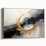Framed canvas wall art showcasing abstract strokes in gold and neutral tones, designed to add elegance to modern interiors. Perfect for home decor accents.