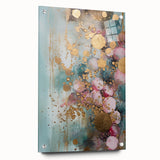 Abstract wall art featuring vibrant strokes in shades of blue and gold, displayed in an acrylic frame with visible mounting pins, perfect for modern decor.