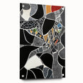 Abstract geometric acrylic glass artwork showcasing vibrant colors and intricate patterns, presented in a side view with visible mounting pins, ideal for modern decor.