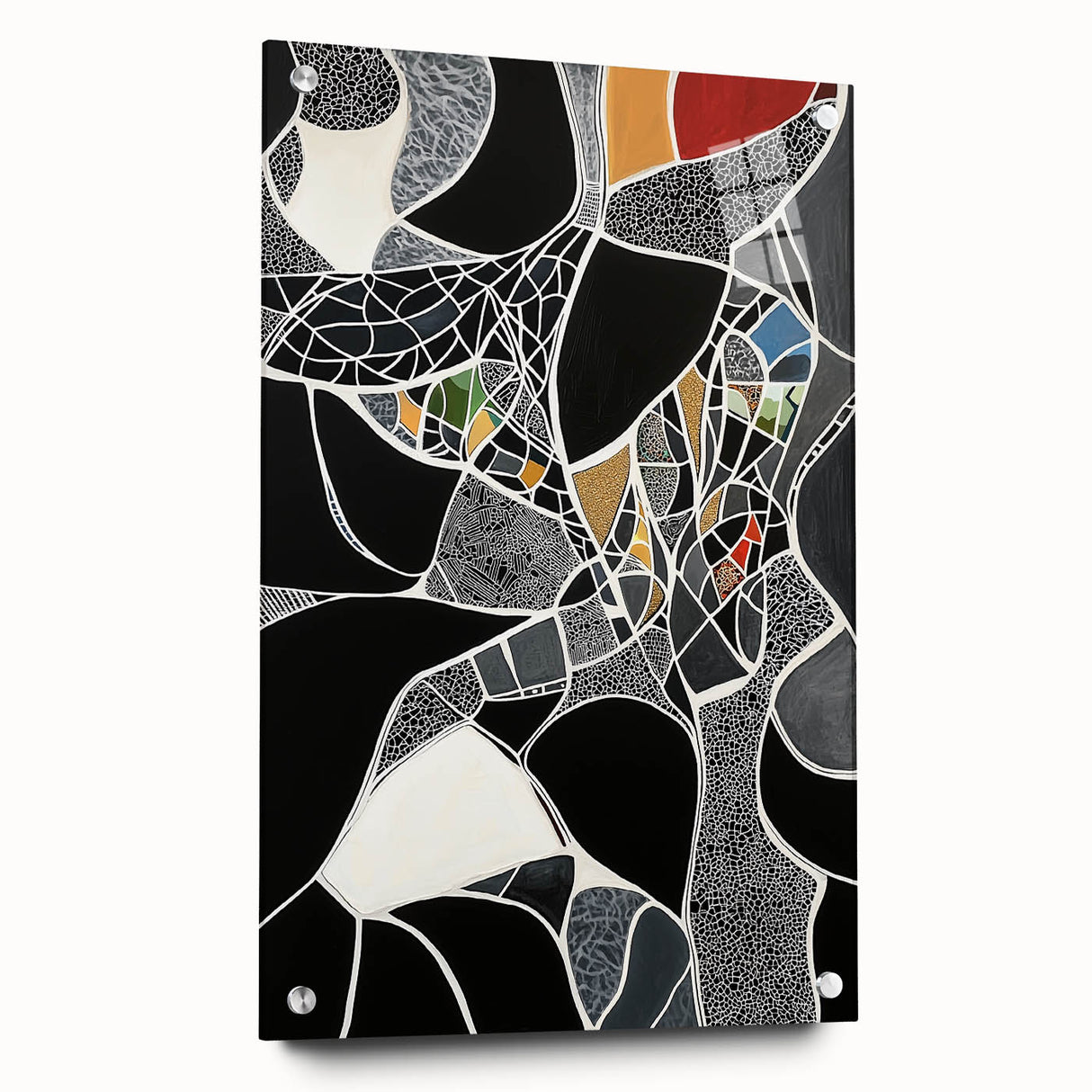 Abstract geometric acrylic glass artwork showcasing vibrant colors and intricate patterns, presented in a side view with visible mounting pins, ideal for modern decor.