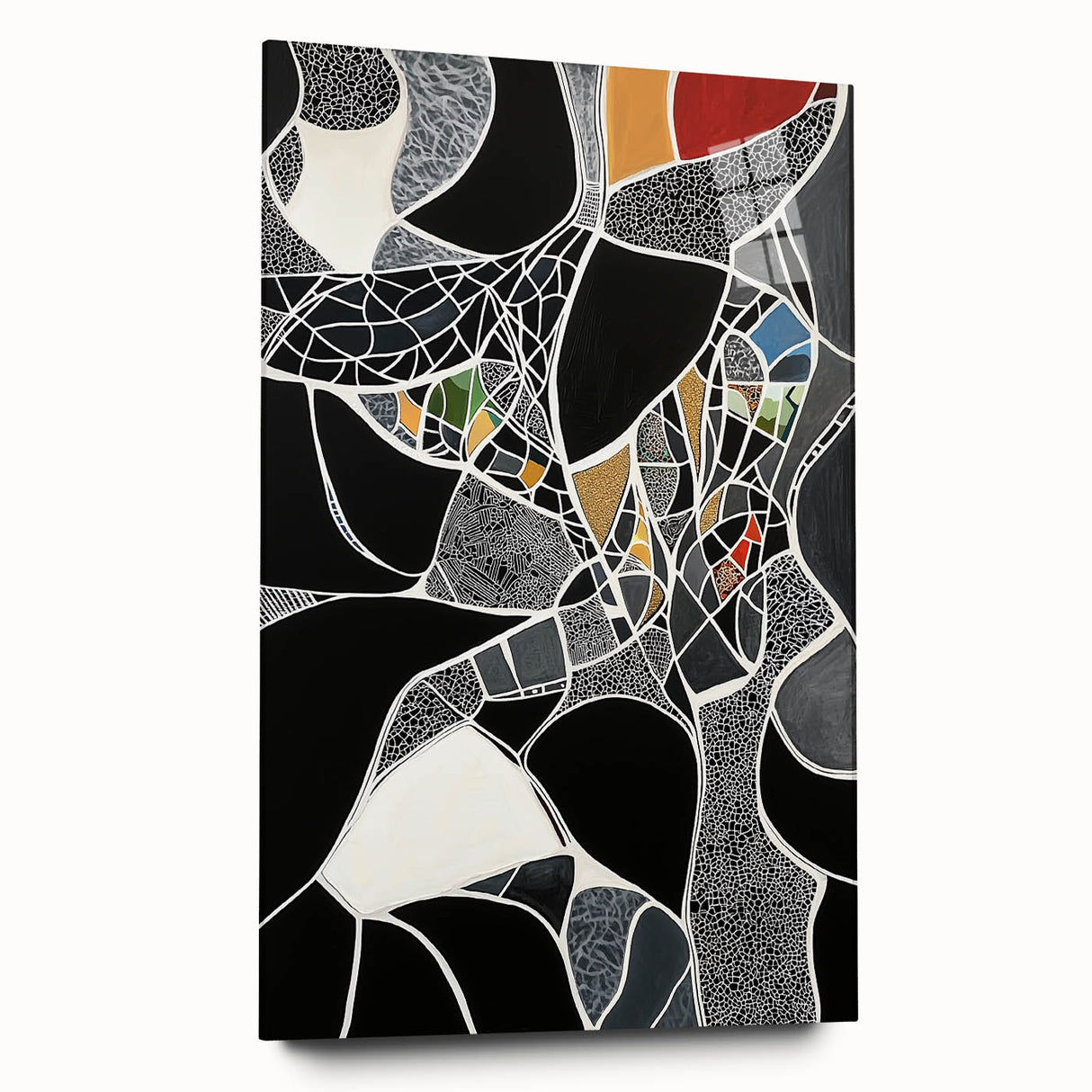 Abstract geometric acrylic glass artwork showcasing vibrant colors and intricate shapes, viewed from the side, emphasizing its modern design and sleek finish. Perfect for contemporary decor.