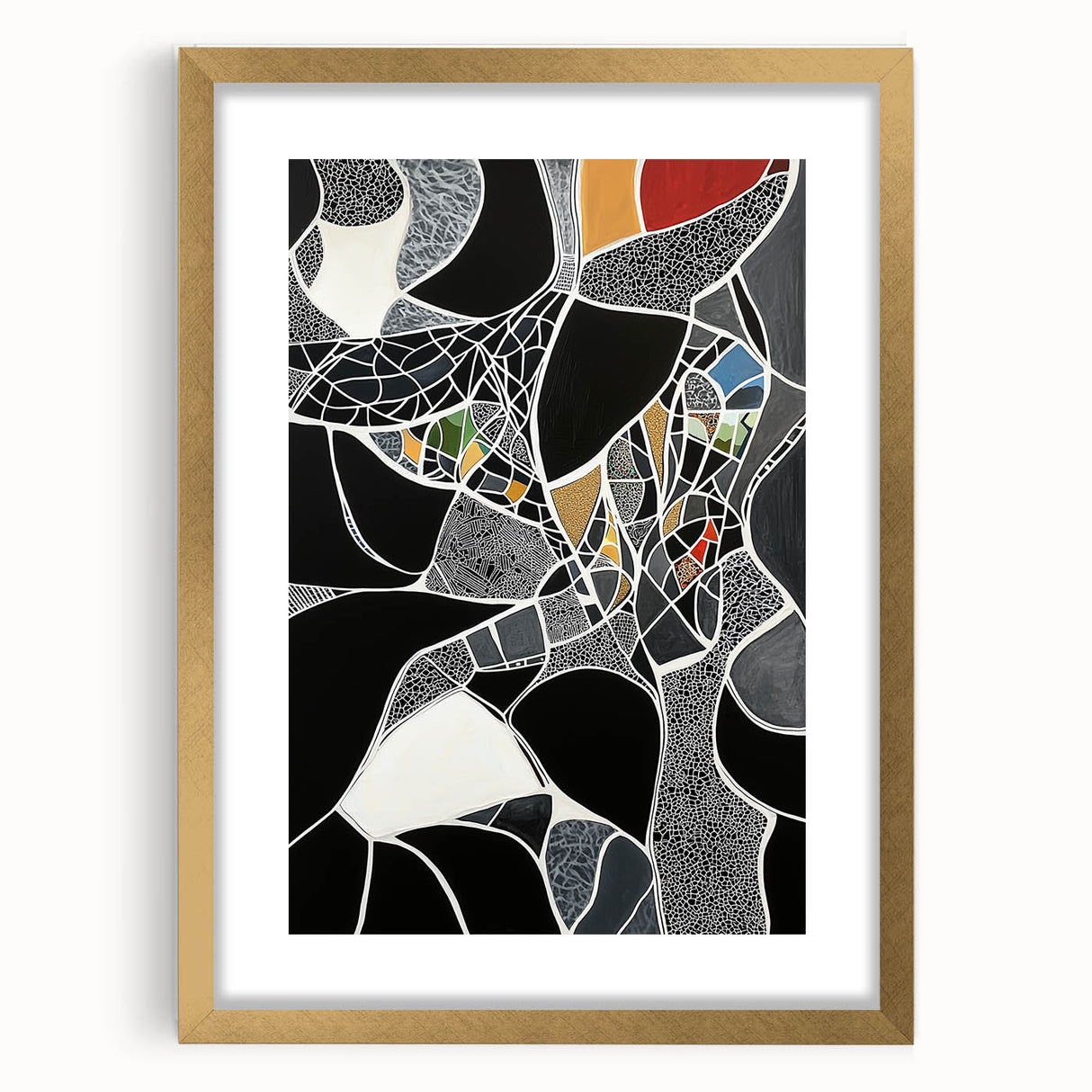 Abstract geometric frame with a gold mat, showcasing intricate line patterns and a modern design, perfect for contemporary home decor and art enthusiasts.