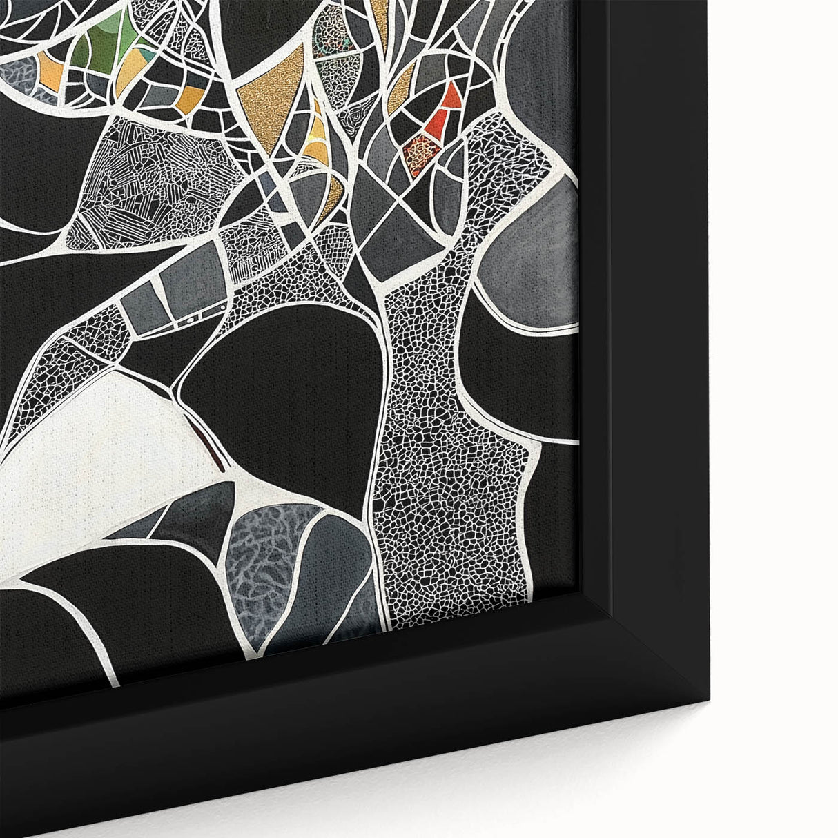 Close-up of a vibrant abstract geometric framed canvas showcasing bold colors and intricate patterns, perfect for modern home decor, enhancing artistic spaces.