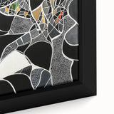 Close-up of a vibrant abstract geometric framed canvas showcasing bold colors and intricate patterns, perfect for modern home decor, enhancing artistic spaces.