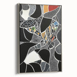 Abstract geometric framed canvas art in silver, showcasing intricate patterns and modern design elements, ideal for contemporary home decor and stylish interiors.