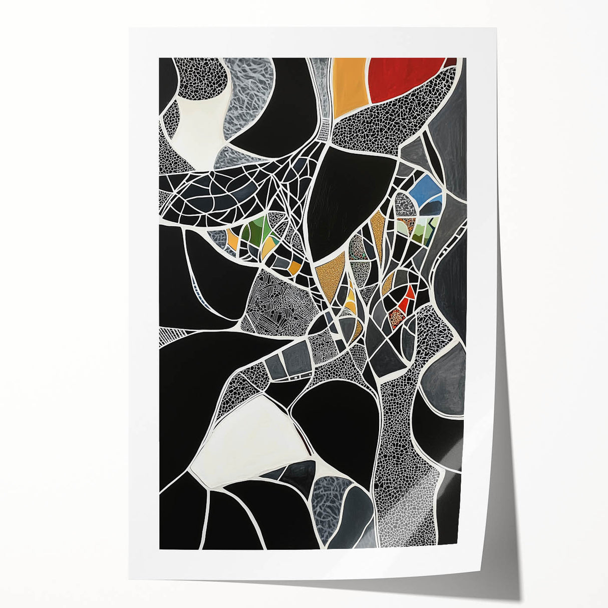Abstract geometric art print showcasing vibrant colors and intricate patterns, rolled and packaged securely for easy transport. Ideal for modern home decor.