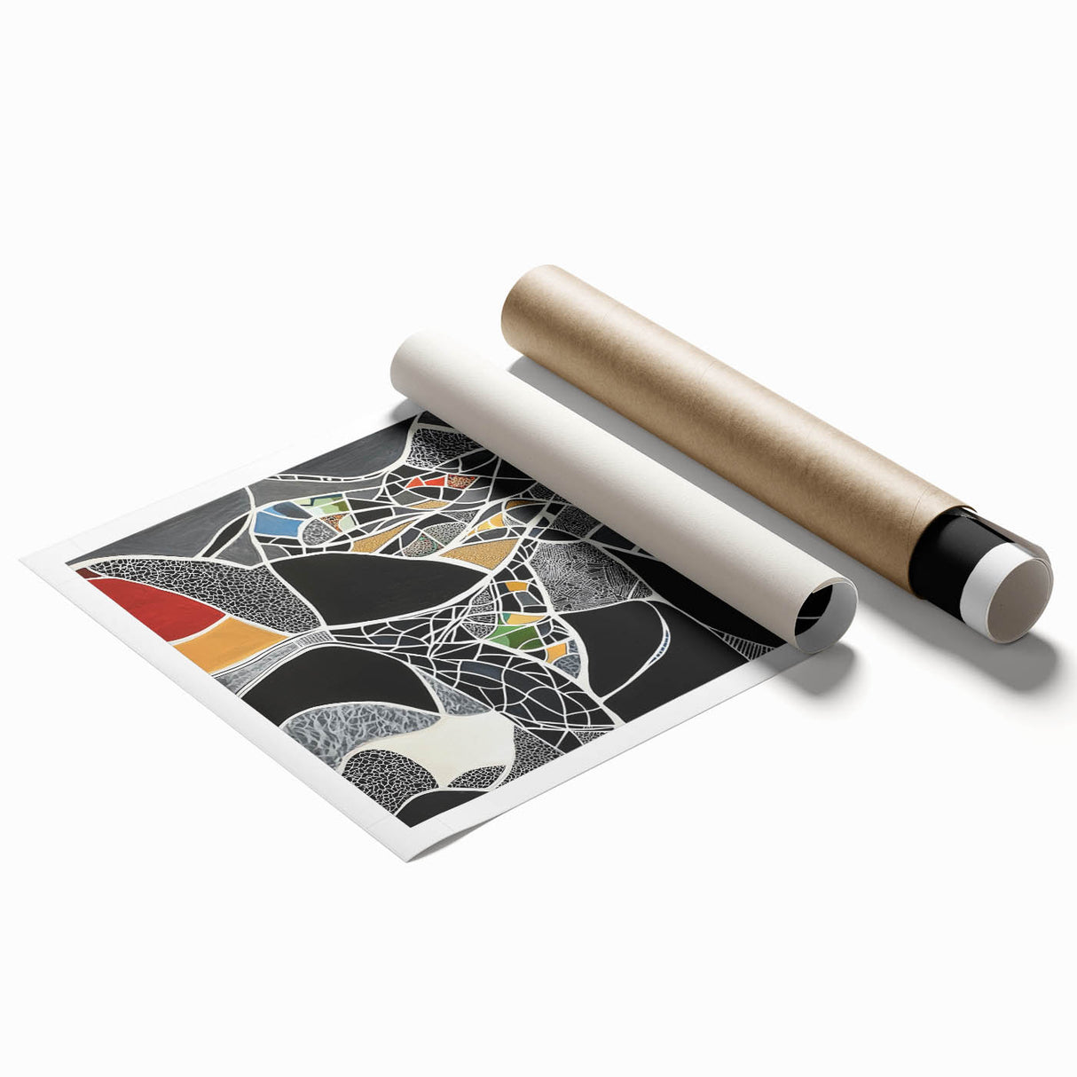 Abstract geometric wall art print showcasing vibrant colors and intricate shapes, rolled and ready for display. Ideal for modern decor and artistic spaces.