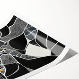 Abstract geometric rolled print showcasing vibrant colors and intricate shapes, elegantly packaged in a protective cardboard tube for wall decor enthusiasts. Perfect for modern interior design.