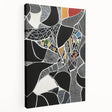 Abstract geometric stretched canvas artwork showcasing vibrant blue and orange patterns, ideal for modern home decor. Side view highlights the canvas depth and professional finish.