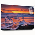 Acrylic landscape artwork depicting a serene beach scene, showcasing vibrant colors and intricate details, displayed in a side view with decorative pins.