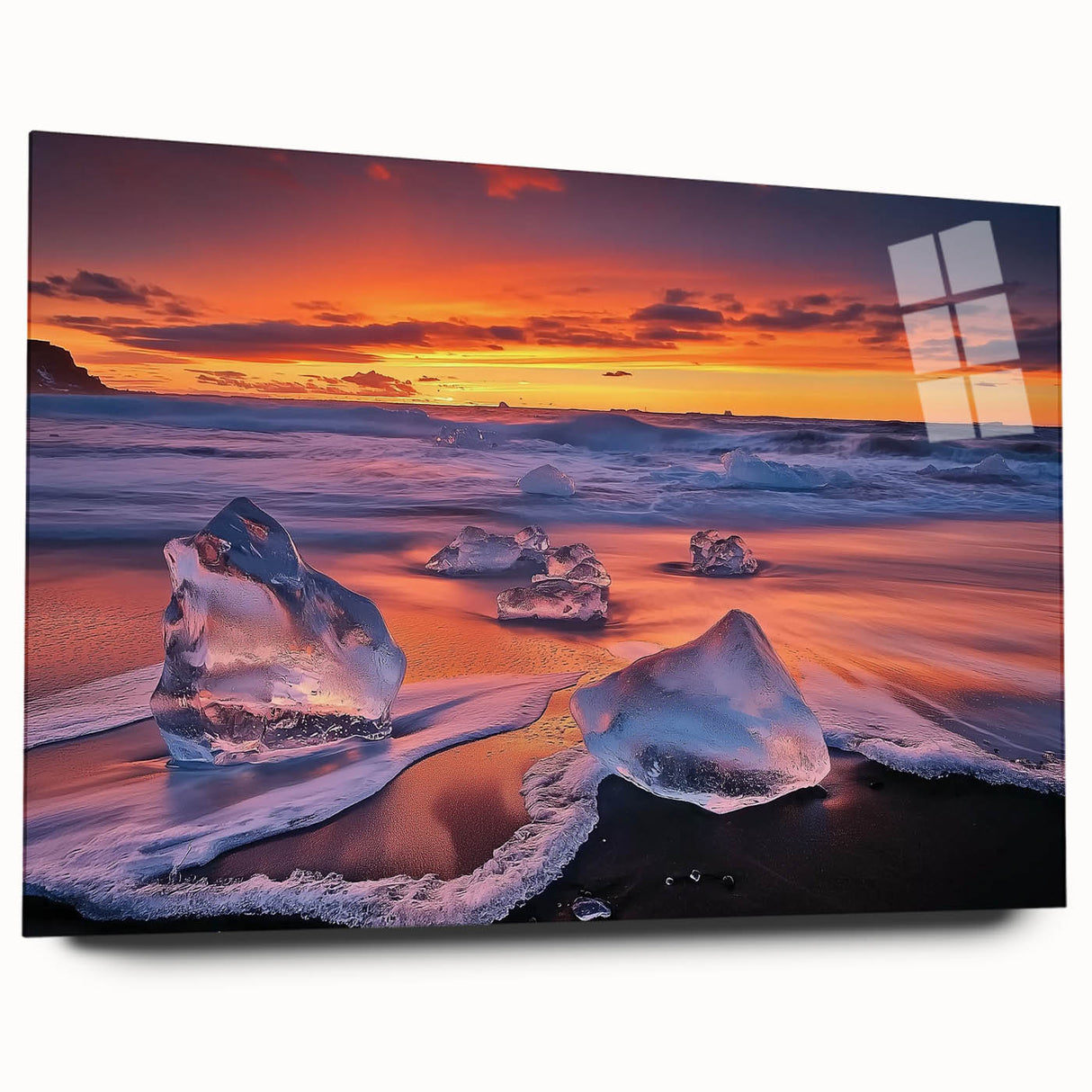 Acrylic glass artwork showcasing a vibrant beach landscape with blue skies and golden sands, viewed from the side without pins, ideal for coastal home decor.