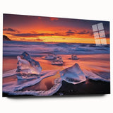 Acrylic glass artwork showcasing a vibrant beach landscape with blue skies and golden sands, viewed from the side without pins, ideal for coastal home decor.