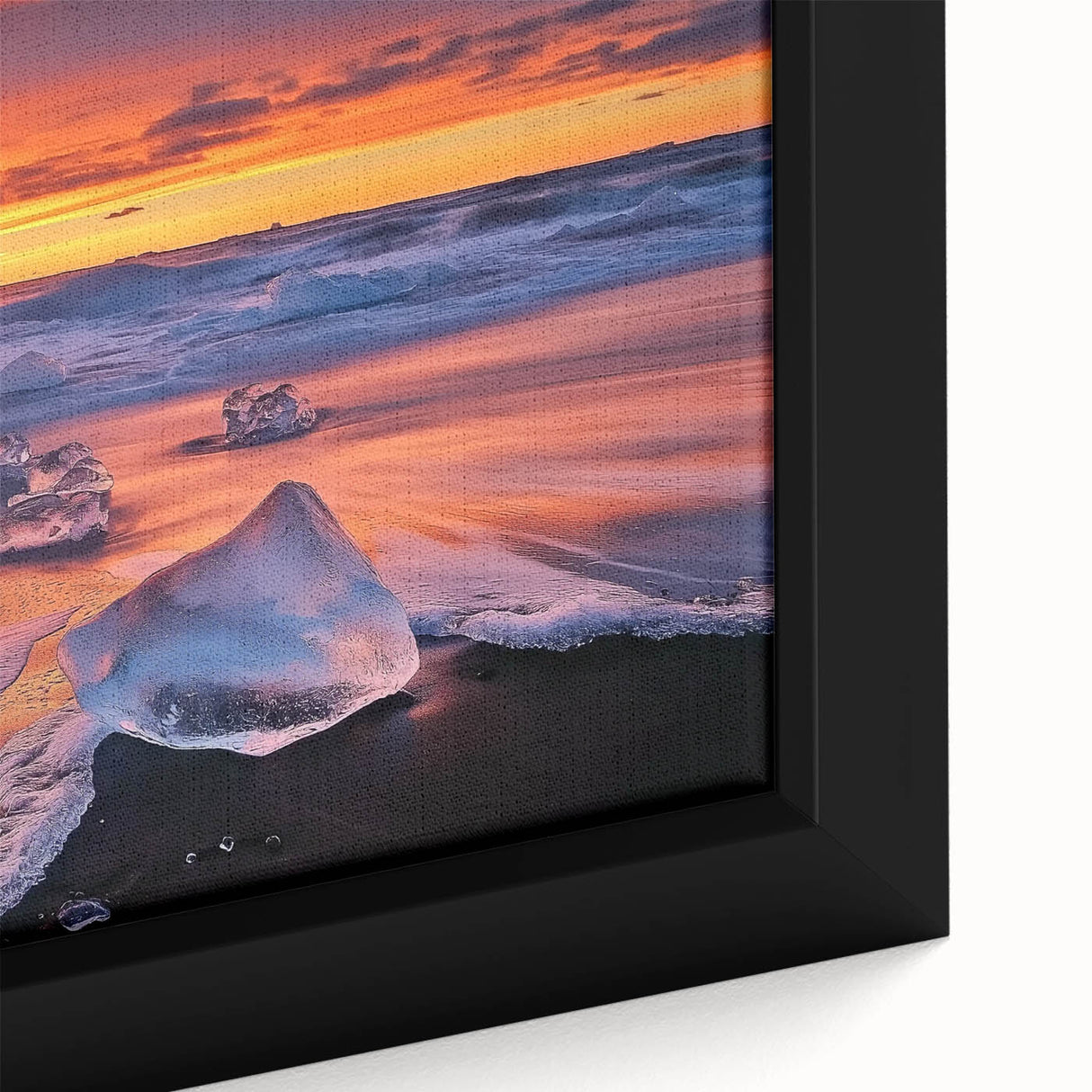 Framed canvas artwork showcasing a tranquil beach landscape with vibrant colors, including blue skies and golden sands, perfect for home decor or relaxation.