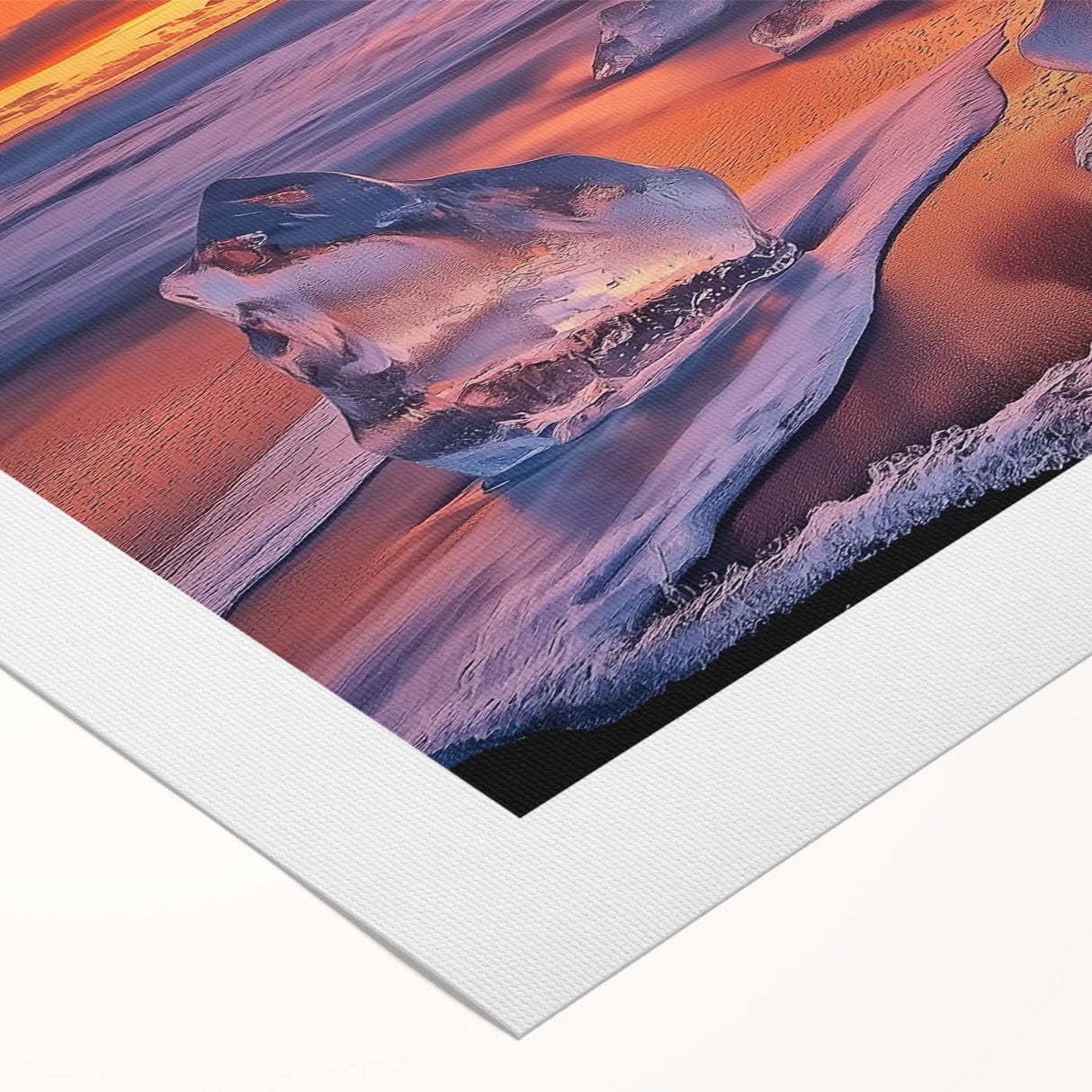 Vibrant rolled canvas art depicting a serene beach landscape, showcasing soft waves and golden sand under a bright blue sky, ideal for coastal-themed decor.