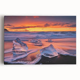 Stretched canvas artwork showcasing a vibrant beach landscape with soft waves and a colorful sunset, perfect for coastal home decor and beach-themed interiors.