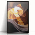 Framed acrylic wall art depicting a vibrant landscape of canyons, featuring rich earth tones and intricate details, ideal for modern home decor.