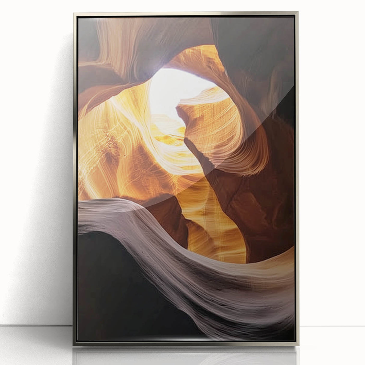 Framed acrylic artwork depicting a stunning landscape of canyons in rich earth tones, showcasing intricate details and textures, ideal for enhancing modern home decor.