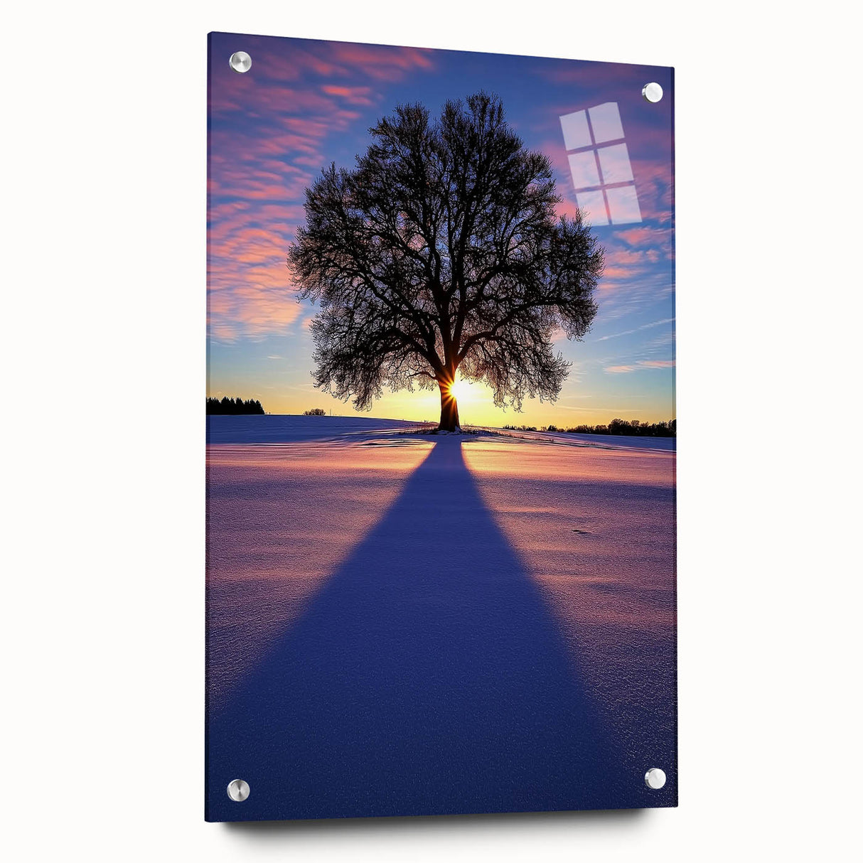 Acrylic landscape artwork depicting a vibrant countryside scene, displayed in a side view with decorative pins. The piece features lush green fields and a clear blue sky, enhancing any room's decor. Perfect for nature enthusiasts and art collectors.