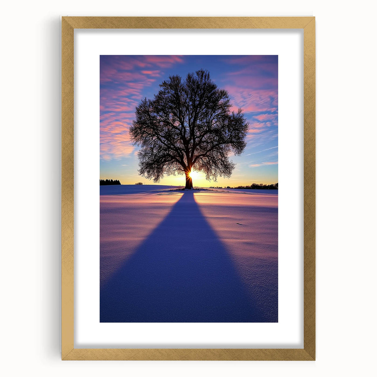 Elegant gold-framed landscape art showcasing a serene countryside scene, embellished with a mat for a refined finish, perfect for enhancing home decor.