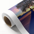 Landscape scene printed on rolled canvas, showcasing serene countryside with vibrant greenery and a clear blue sky, perfect for home decor.