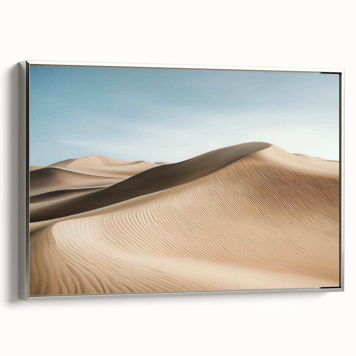 Framed desert landscape canvas artwork showcasing vibrant colors and intricate details, with a sleek silver frame adding a modern touch to home decor.