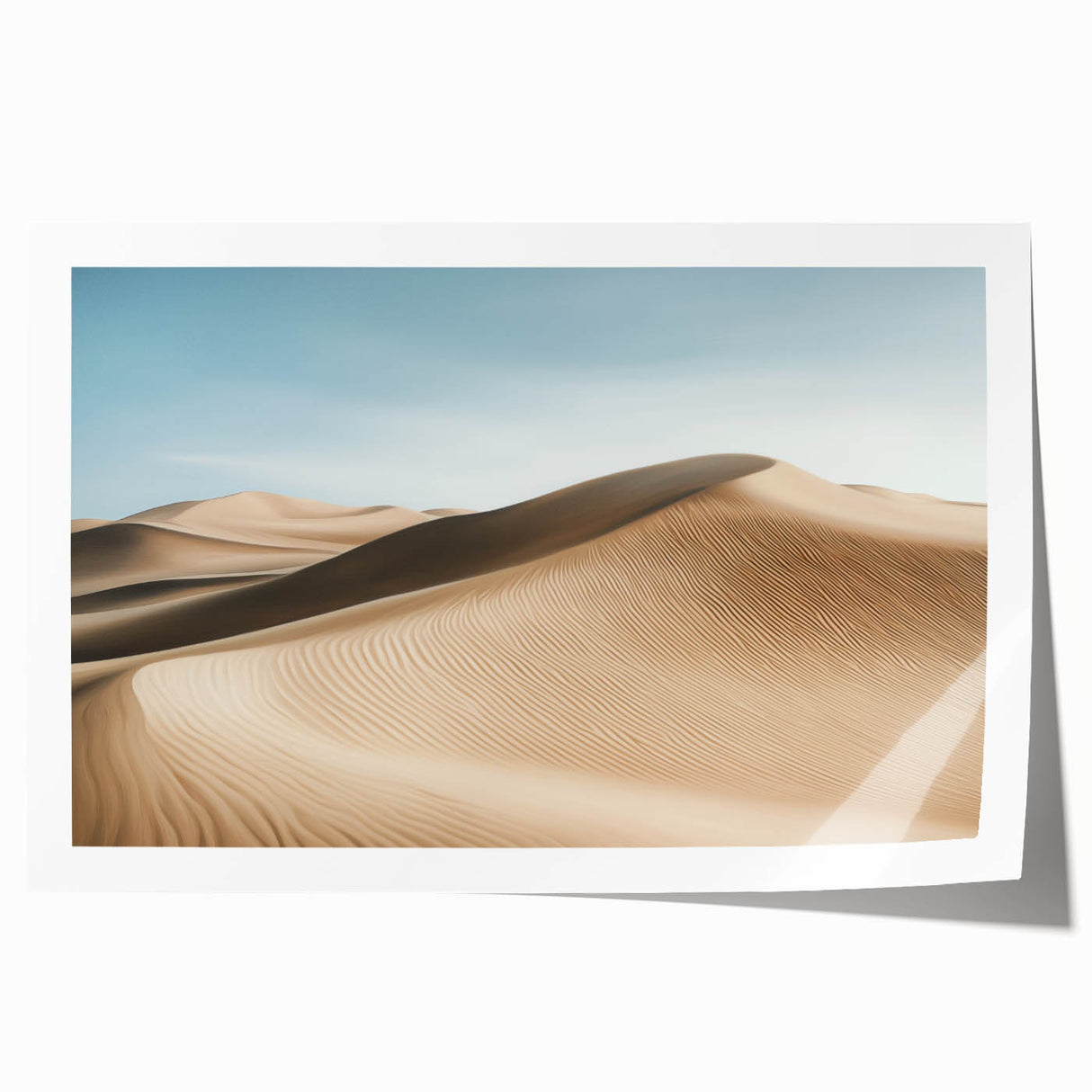 A detailed, rolled landscape print showcasing a vibrant desert scene with warm hues of orange and yellow, packaged in a protective cardboard tube for preservation.