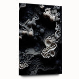 Large abstract wall art on acrylic glass featuring swirling blue and gray tones, ideal for bedroom or dining room decor.