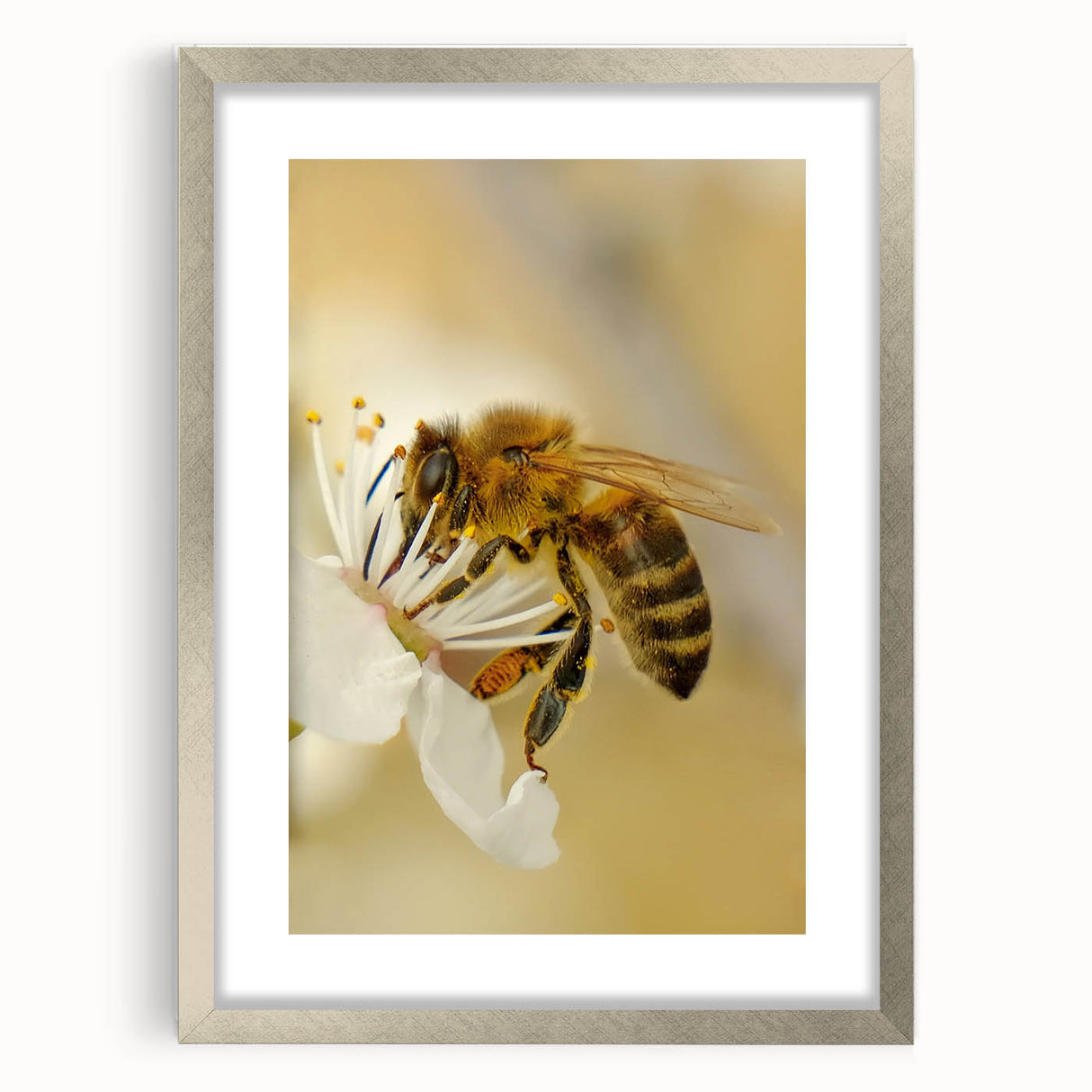 Textured art print of abstract spring-themed colors in a silver frame, ideal for bedroom wall decor.
