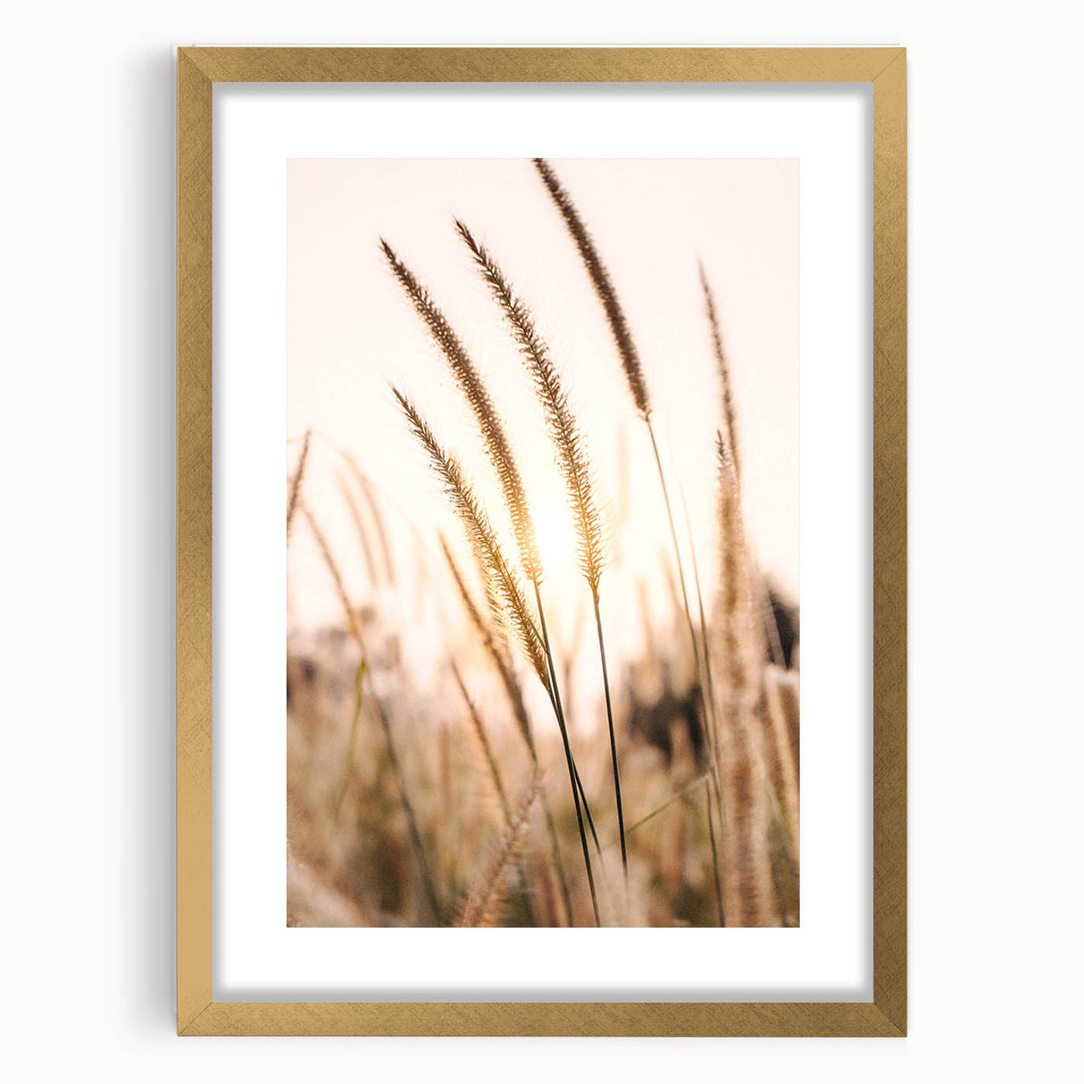 Extra large abstract art print featuring textured waves in warm orange and yellow hues, framed in gold.