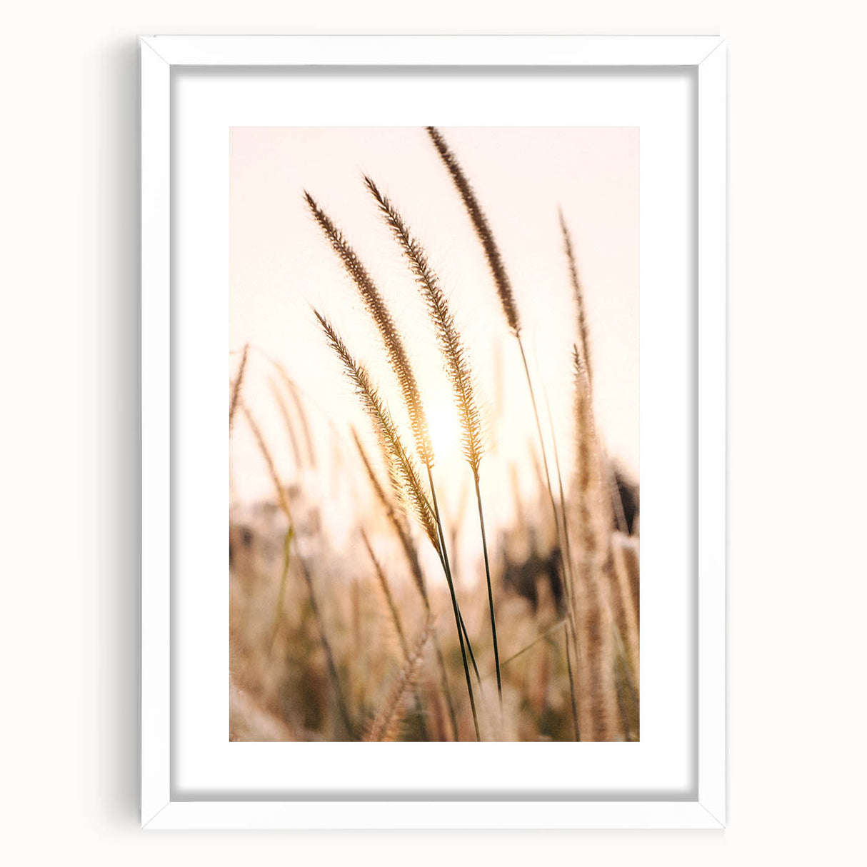 Abstract art print featuring vibrant summer hues on a white framed poster, ideal for dining room or bedroom decor.