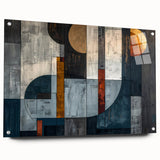 Abstract wall art featuring vibrant strokes in shades of blue, orange, and yellow, displayed in a sleek acrylic frame with visible mounting pins, ideal for modern decor.