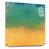 Abstract wall art featuring vibrant blue and orange strokes on acrylic glass, elegantly displayed with silver pins. Ideal for modern decor in living spaces.