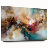 Abstract wall art design featuring vibrant strokes in shades of blue, orange, and yellow, displayed in a side view with acrylic glass and decorative pins for hanging. Perfect for modern home decor, adding a splash of color and creativity to any room.