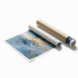 Abstract wall art print showcasing vibrant strokes in shades of blue, orange, and gold, rolled and ready for display, enhancing modern interior decor.