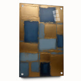 Abstract wall art featuring vibrant strokes of blue, pink, and gold on acrylic glass, mounted with pins for a modern display. Ideal for contemporary home decor.