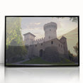 Framed acrylic artwork of a scenic landscape featuring a majestic castle, showcased in a sleek black frame, ideal for home decor and art collectors.