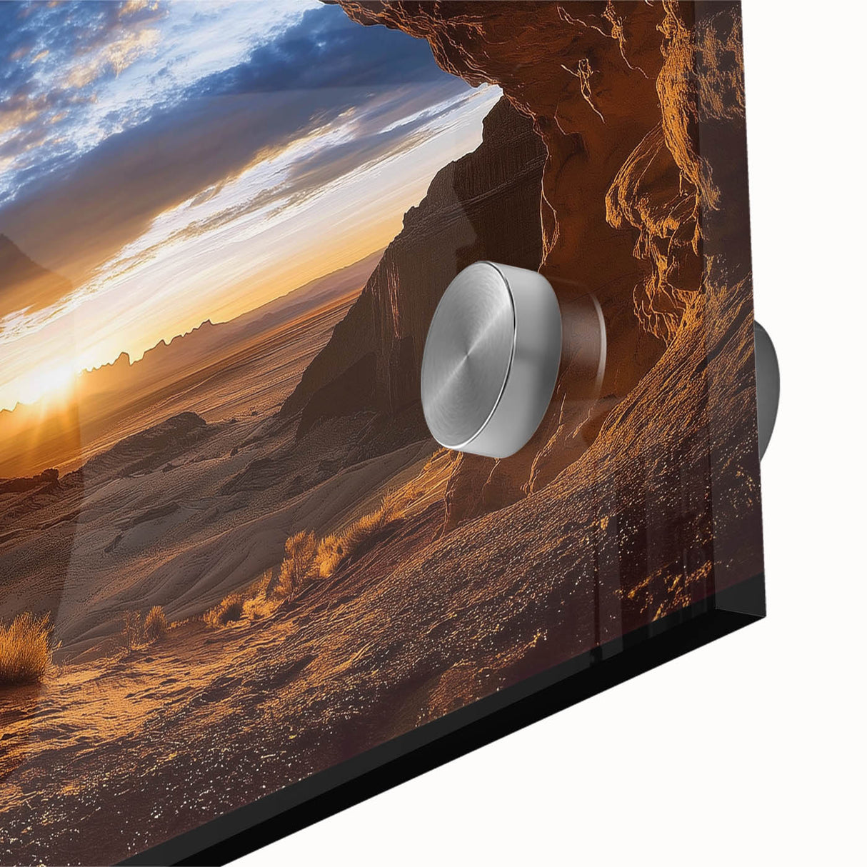 Close-up of an acrylic glass landscape artwork depicting intricate cave formations, showcasing vibrant colors and textured details, ideal for modern home decor.