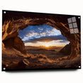 Acrylic glass artwork showcasing a vibrant landscape scene with intricate cave details, displayed from a side view and secured with decorative pins.