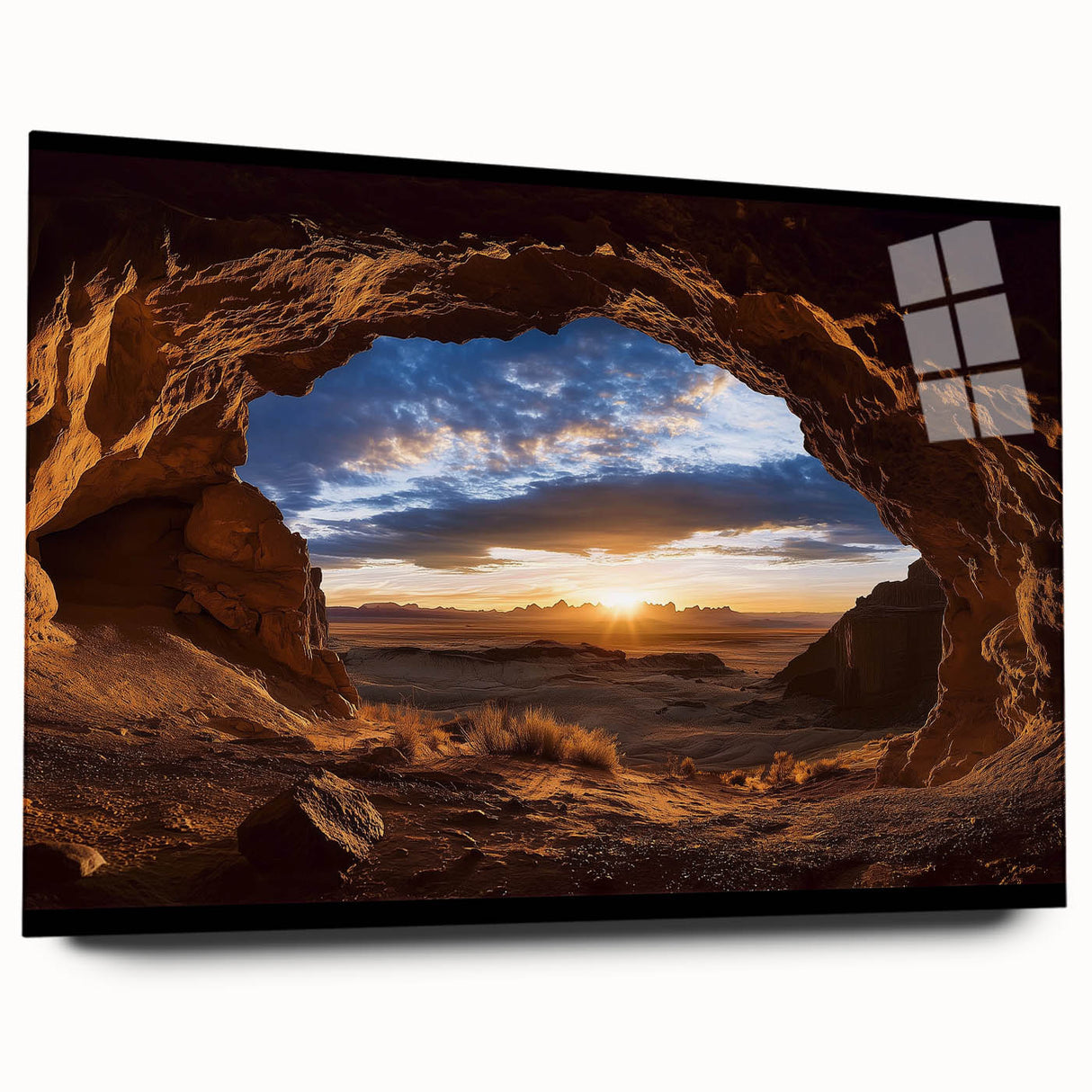 Acrylic glass artwork depicting a serene landscape with intricate cave formations, showcasing vibrant colors and smooth edges, ideal for modern home decor.