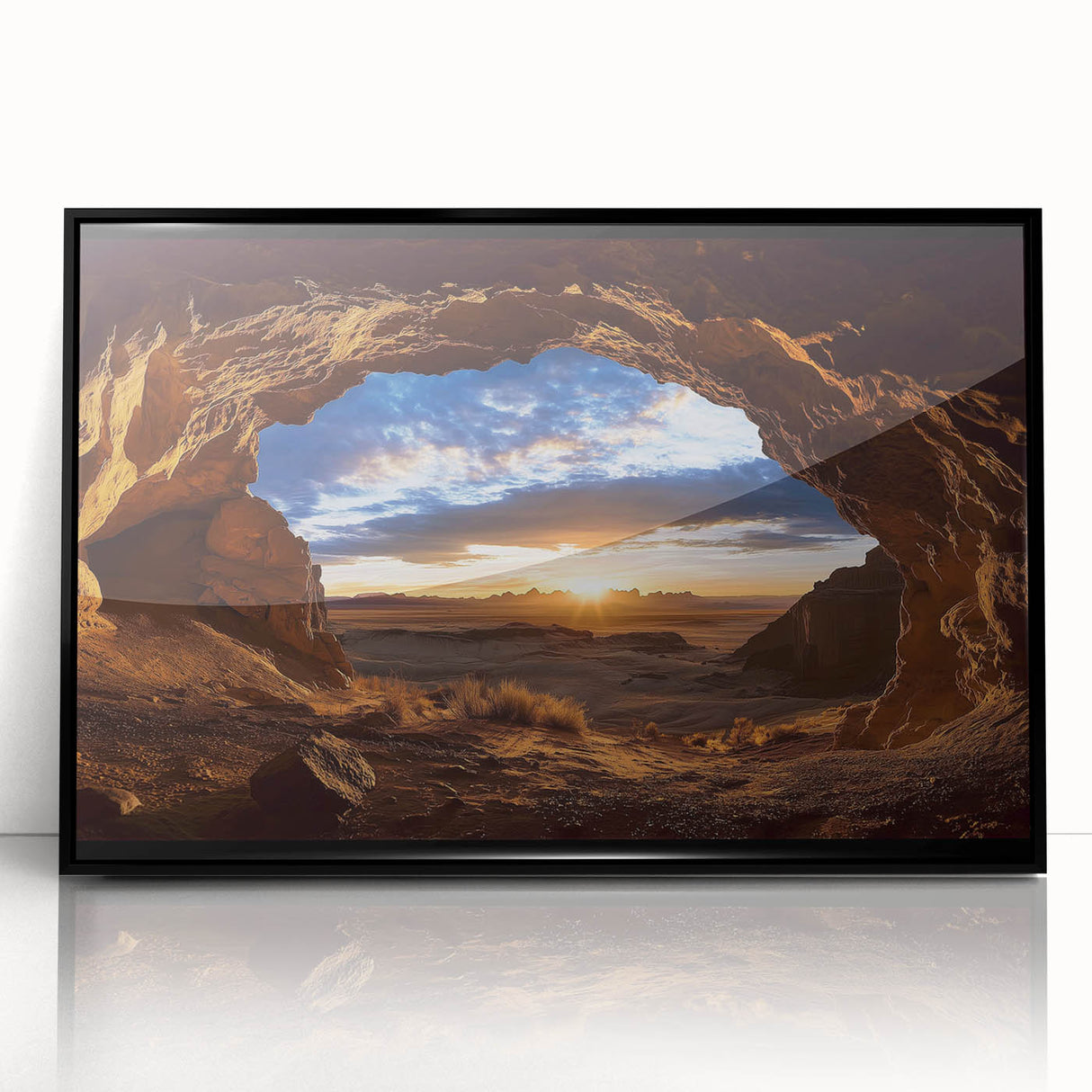 Framed acrylic artwork showcasing a stunning black landscape with cave formations, ideal for modern home decor. The piece features deep textures and contrasts, enhancing visual appeal.