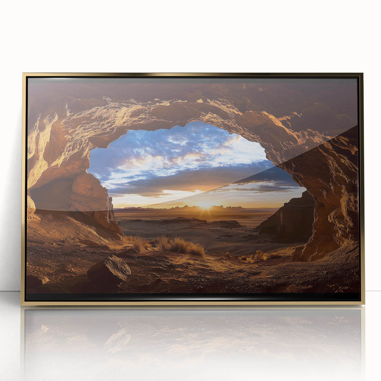 Framed acrylic artwork showcasing a stunning cave landscape with gold accents, perfect for modern home decor. Ideal for nature enthusiasts and art lovers.