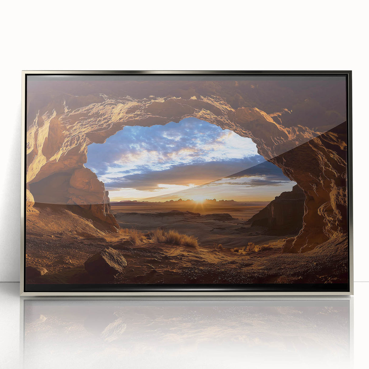 Framed acrylic artwork depicting a serene landscape with cave formations, featuring silver accents. Ideal for modern home decor, adding a touch of elegance.