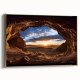 Framed canvas artwork of a stunning cave landscape, featuring rich gold accents and intricate details, set against a modern decor background, perfect for interior design.